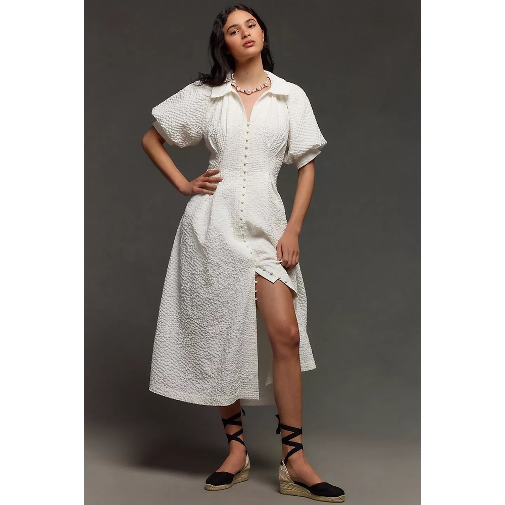 NEW‎ English Factory Puff Sleeve Shirt Dress White Midi Collared Romantic Bridal